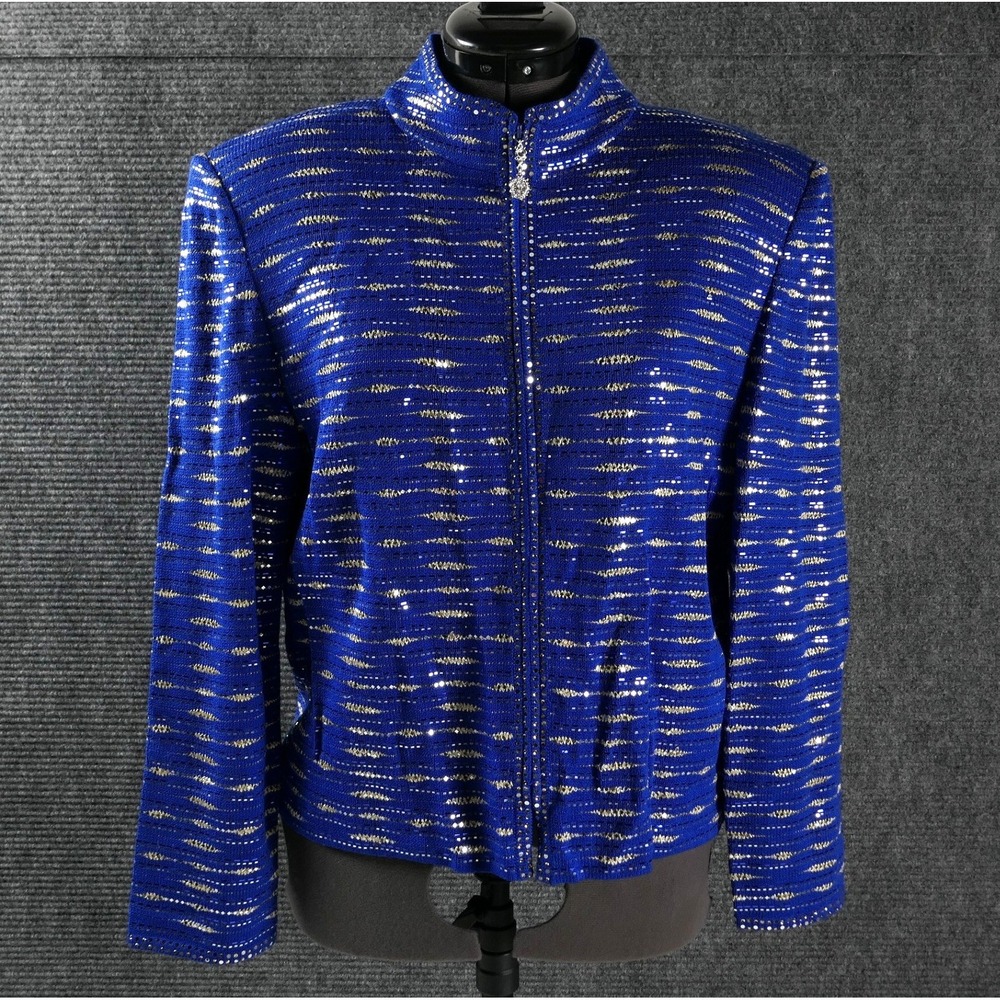 St John Evening Marie Gray Royal Blue Gold Metallic Santana Knit Sequin Jacket M